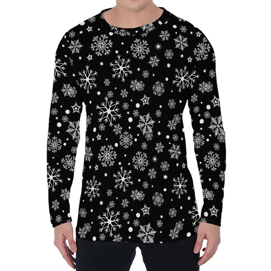 Black And White Snowflake Pattern Print Men's Long Sleeve T-Shirt