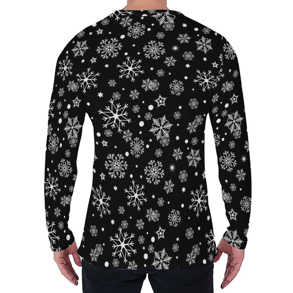 Black And White Snowflake Pattern Print Men's Long Sleeve T-Shirt