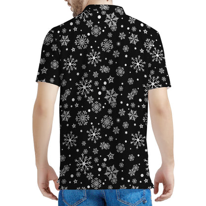 Black And White Snowflake Pattern Print Men's Polo Shirt