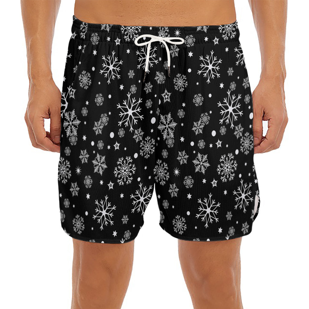 Black And White Snowflake Pattern Print Men's Split Running Shorts