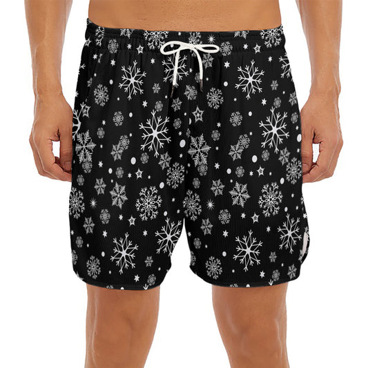 Black And White Snowflake Pattern Print Men's Split Running Shorts