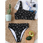 Black And White Snowflake Pattern Print One Shoulder Bikini Top