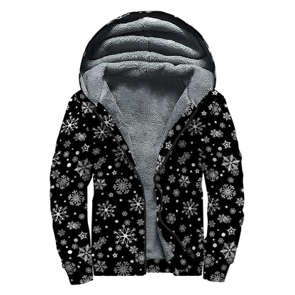 Black And White Snowflake Pattern Print Sherpa Lined Zip Up Hoodie