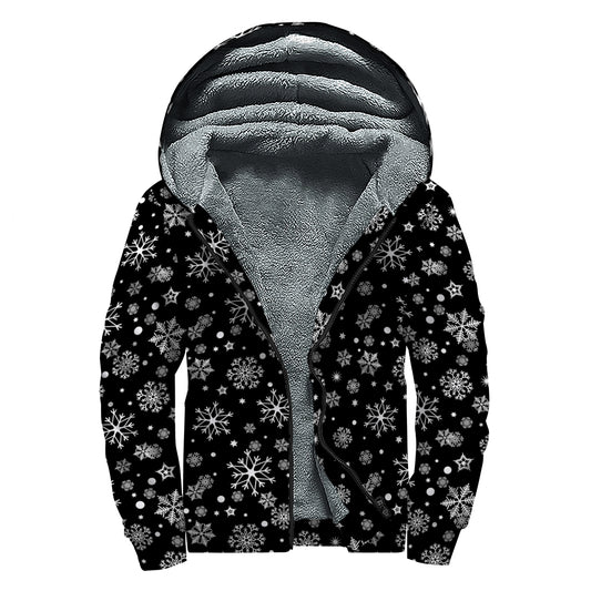 Black And White Snowflake Pattern Print Sherpa Lined Zip Up Hoodie