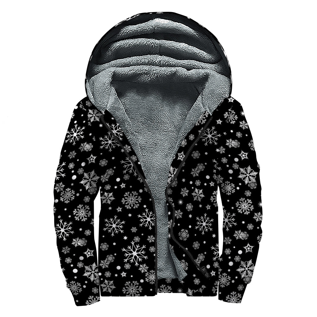 Black And White Snowflake Pattern Print Sherpa Lined Zip Up Hoodie