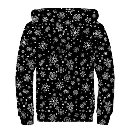 Black And White Snowflake Pattern Print Sherpa Lined Zip Up Hoodie
