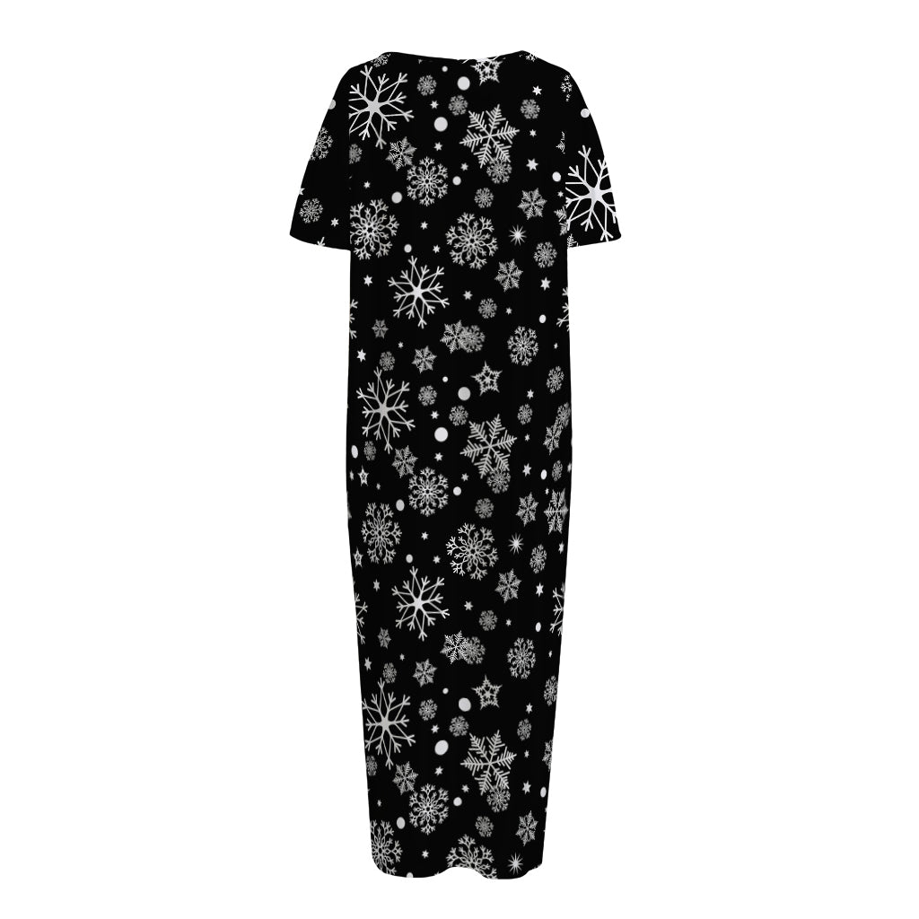 Black And White Snowflake Pattern Print Short Sleeve Long Nightdress