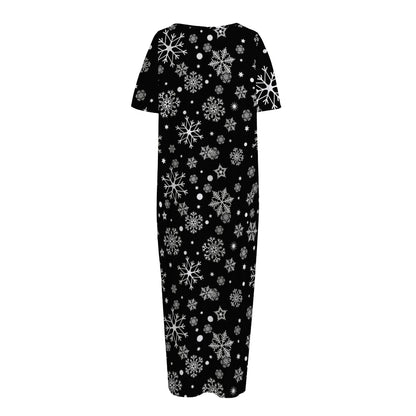 Black And White Snowflake Pattern Print Short Sleeve Long Nightdress