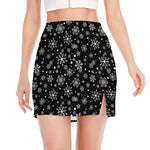 Black And White Snowflake Pattern Print Side Slit Mini Skirt