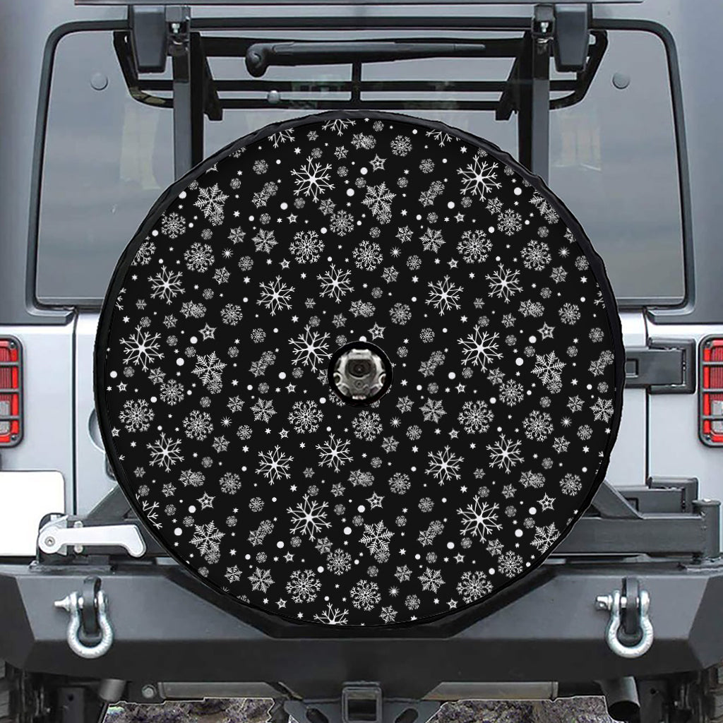 Black And White Snowflake Pattern Print Tire Cover With Camera Hole