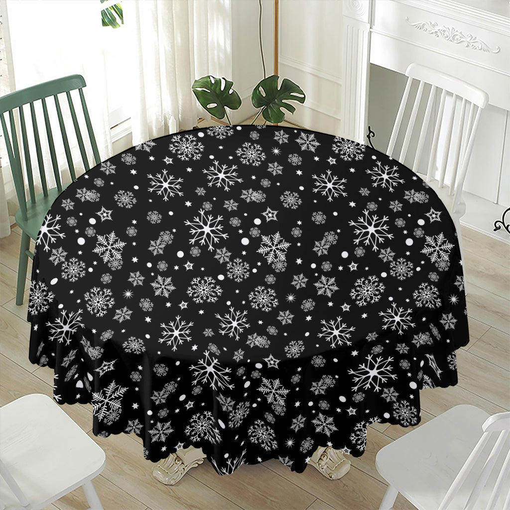 Black And White Snowflake Pattern Print Waterproof Round Tablecloth