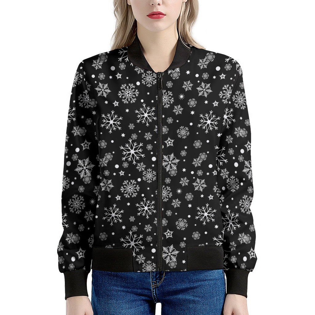 Black And White Snowflake Pattern Print Women's Bomber Jacket