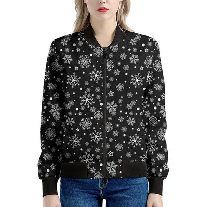 Black And White Snowflake Pattern Print Women's Bomber Jacket