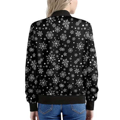Black And White Snowflake Pattern Print Women's Bomber Jacket