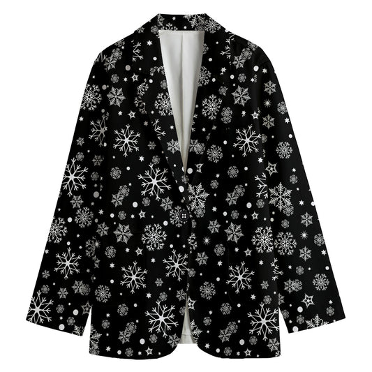 Black And White Snowflake Pattern Print Women's Cotton Blazer