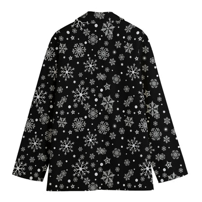 Black And White Snowflake Pattern Print Women's Cotton Blazer