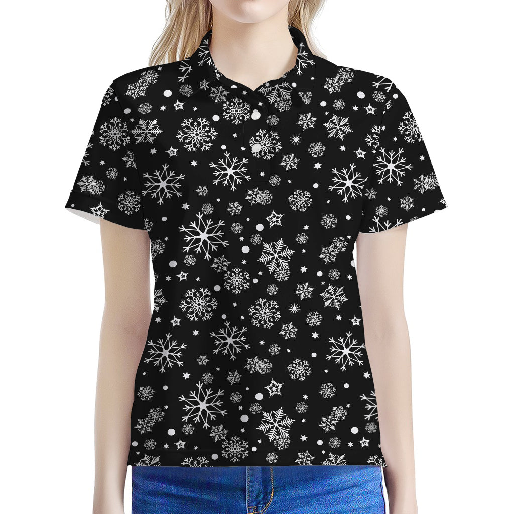 Black And White Snowflake Pattern Print Women's Polo Shirt