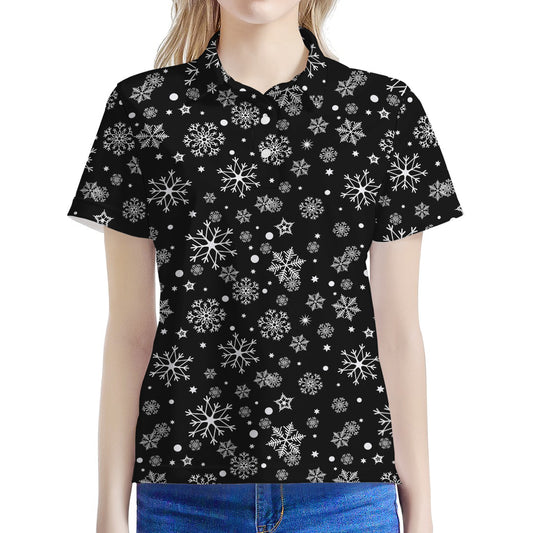 Black And White Snowflake Pattern Print Women's Polo Shirt
