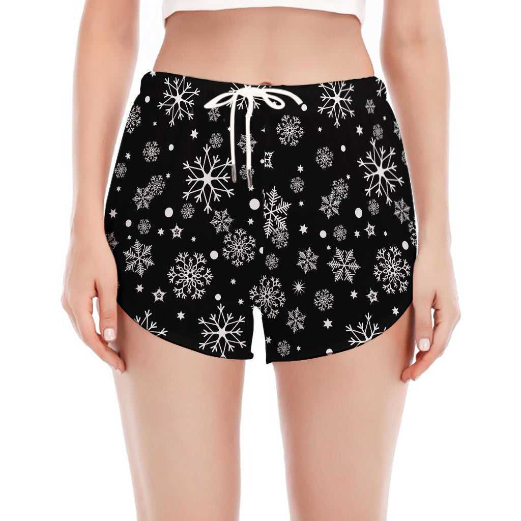 Black And White Snowflake Pattern Print Women's Split Running Shorts