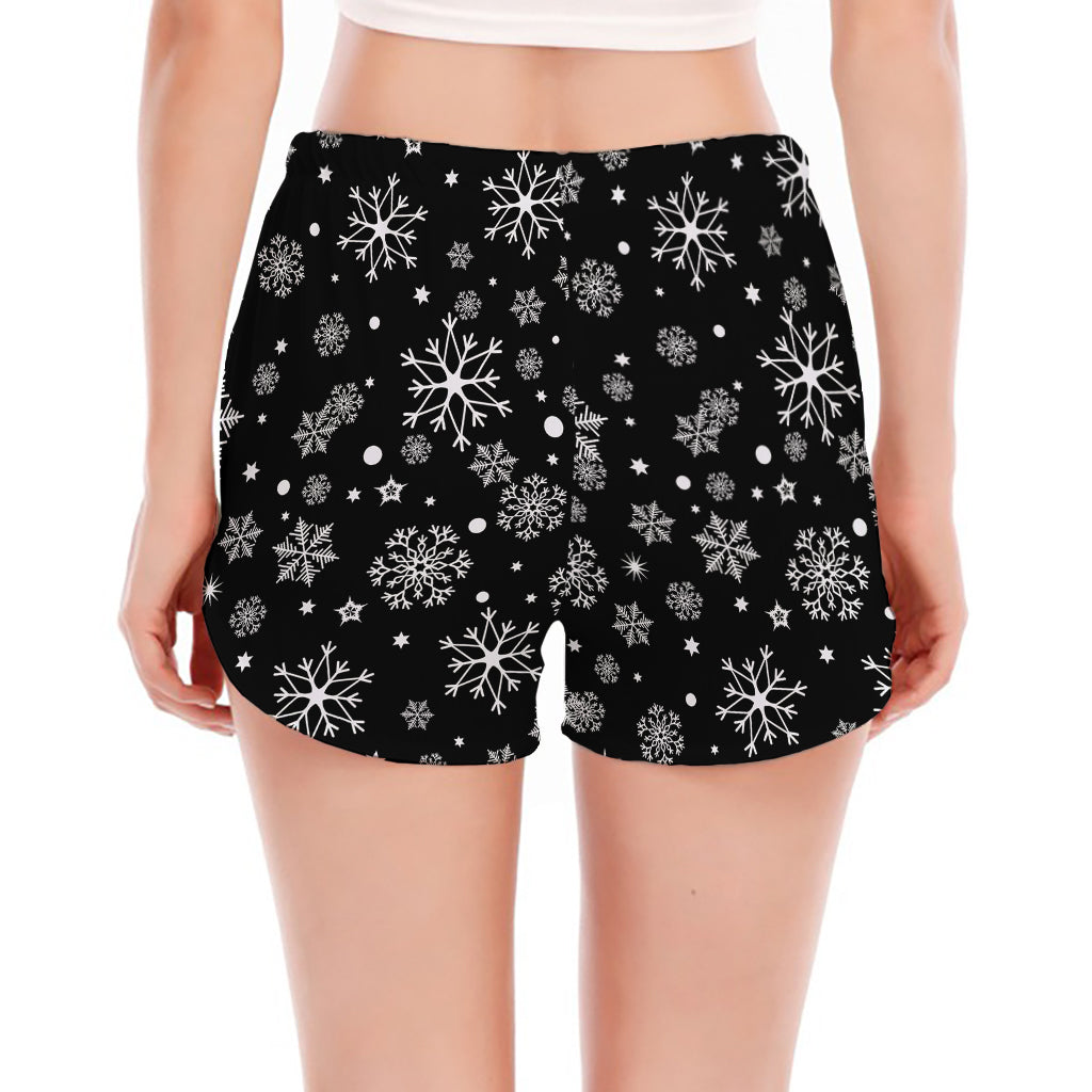 Black And White Snowflake Pattern Print Women's Split Running Shorts