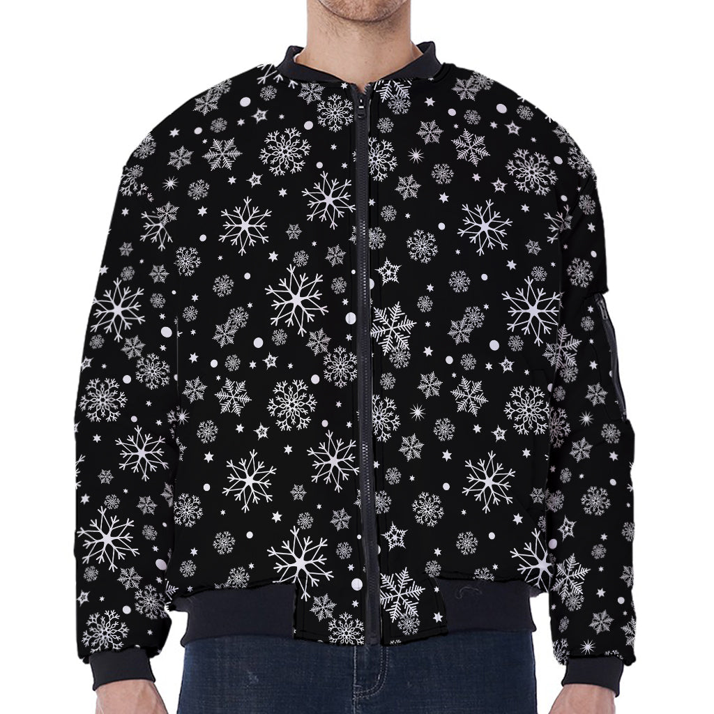 Black And White Snowflake Pattern Print Zip Sleeve Bomber Jacket
