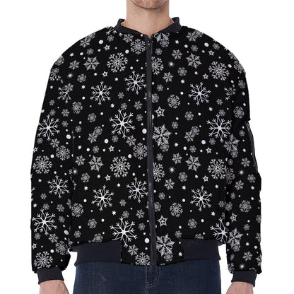 Black And White Snowflake Pattern Print Zip Sleeve Bomber Jacket