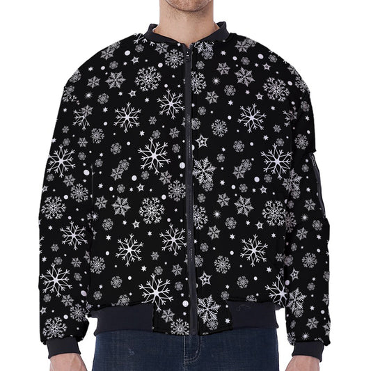 Black And White Snowflake Pattern Print Zip Sleeve Bomber Jacket