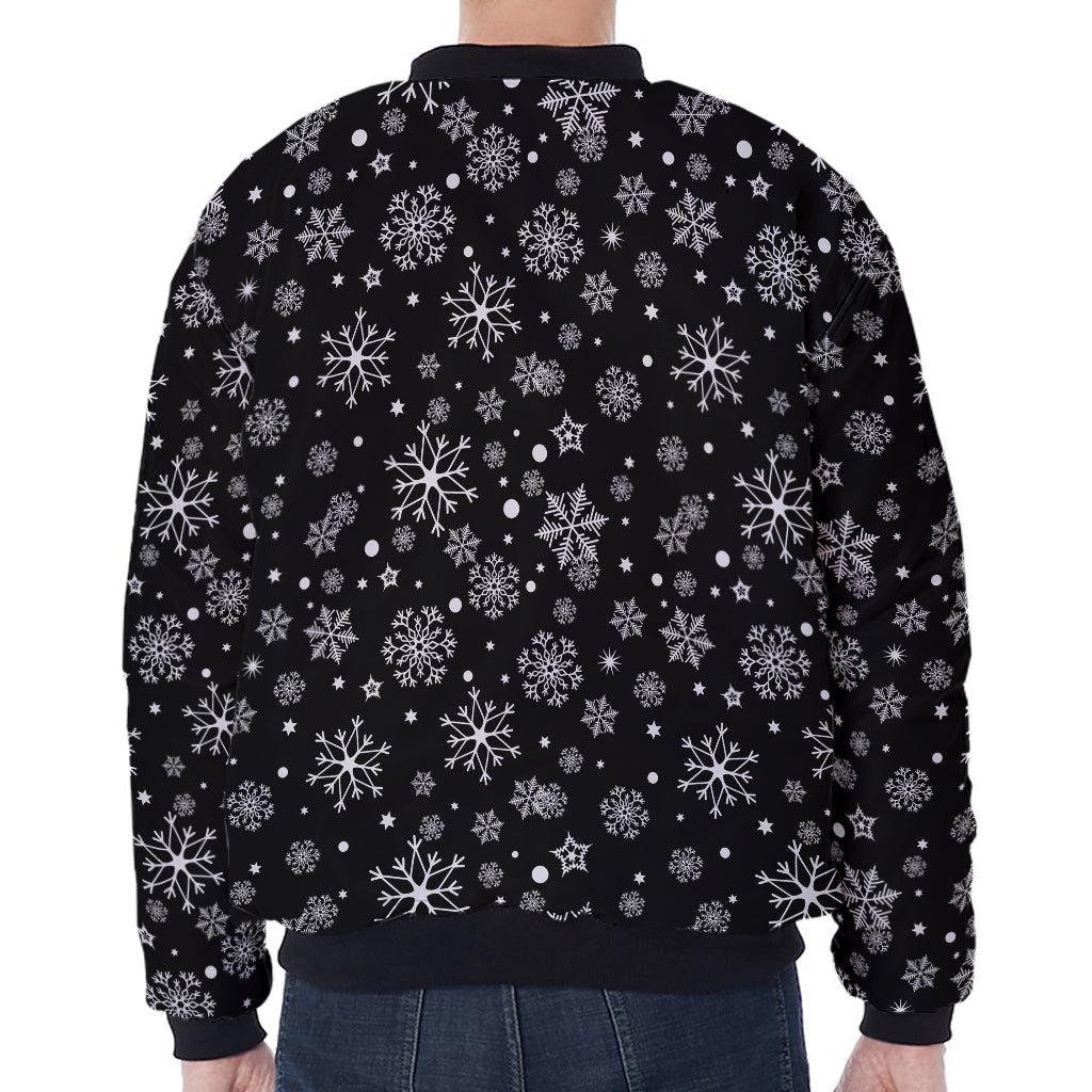 Black And White Snowflake Pattern Print Zip Sleeve Bomber Jacket