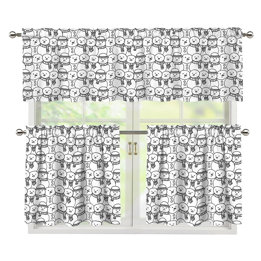 Black And White Snowman Pattern Print 3 Piece Kitchen Curtains