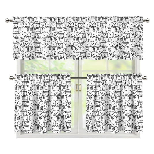 Black And White Snowman Pattern Print 3 Piece Kitchen Curtains