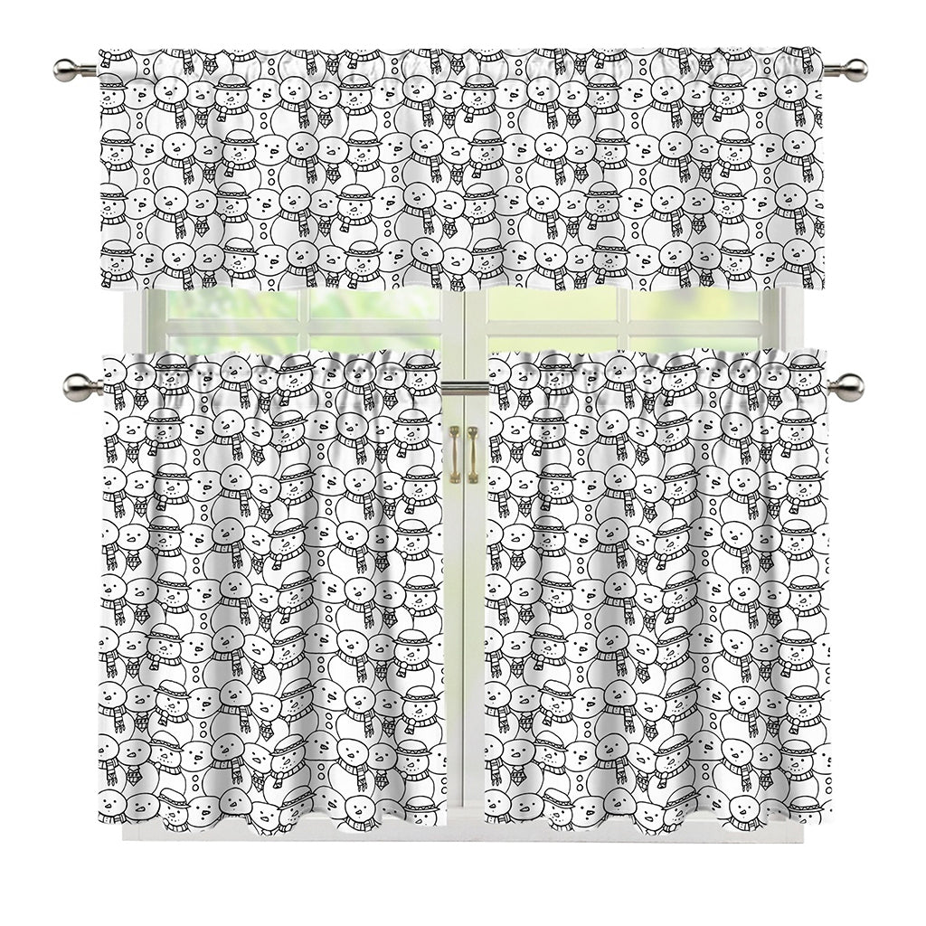 Black And White Snowman Pattern Print 3 Piece Kitchen Curtains