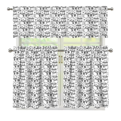 Black And White Snowman Pattern Print 3 Piece Kitchen Curtains