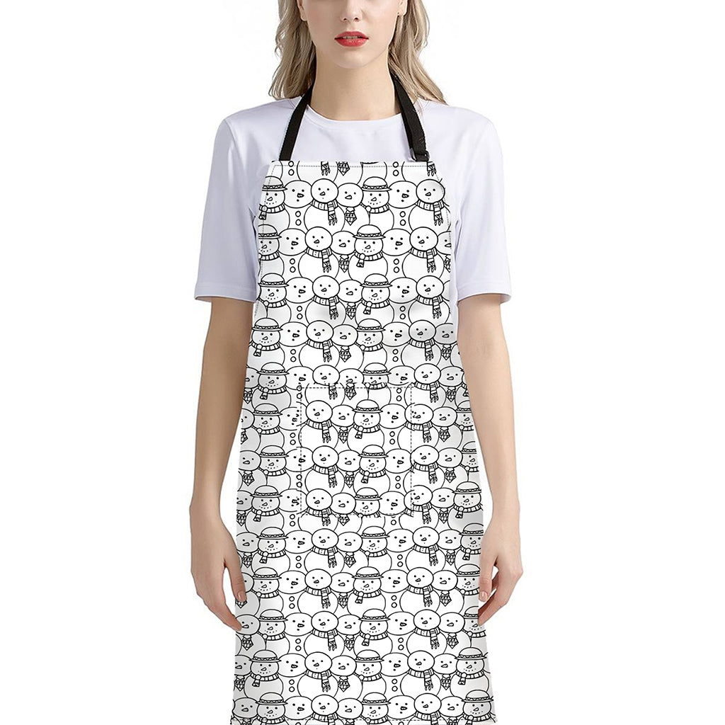 Black And White Snowman Pattern Print Bib Apron With Pocket