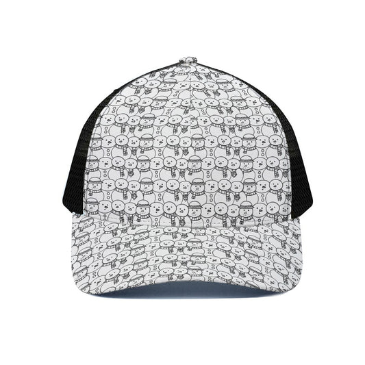Black And White Snowman Pattern Print Black Mesh Trucker Cap