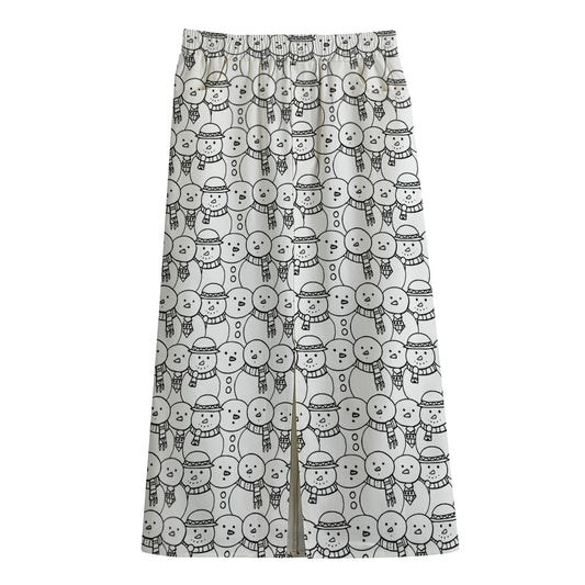 Black And White Snowman Pattern Print Cotton Front Slit Maxi Skirt