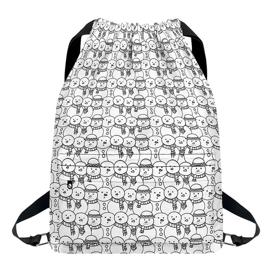 Black And White Snowman Pattern Print Drawstring Backpack