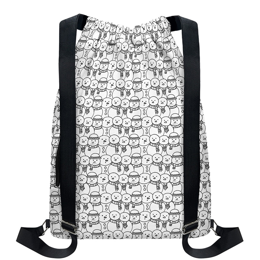 Black And White Snowman Pattern Print Drawstring Backpack