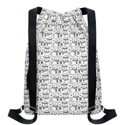 Black And White Snowman Pattern Print Drawstring Backpack