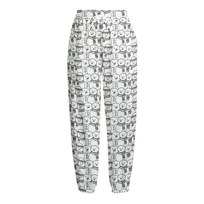Black And White Snowman Pattern Print Fleece Lined Knit Pants