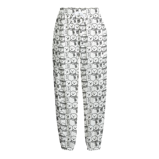 Black And White Snowman Pattern Print Fleece Lined Knit Pants