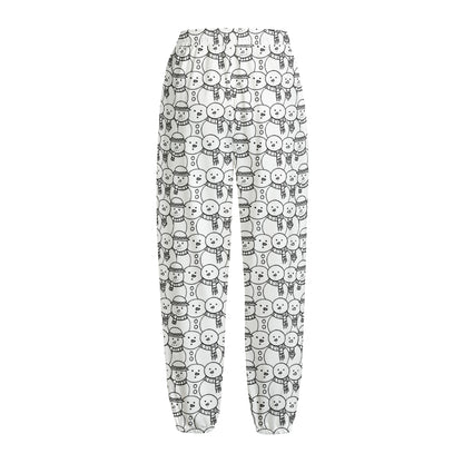 Black And White Snowman Pattern Print Fleece Lined Knit Pants