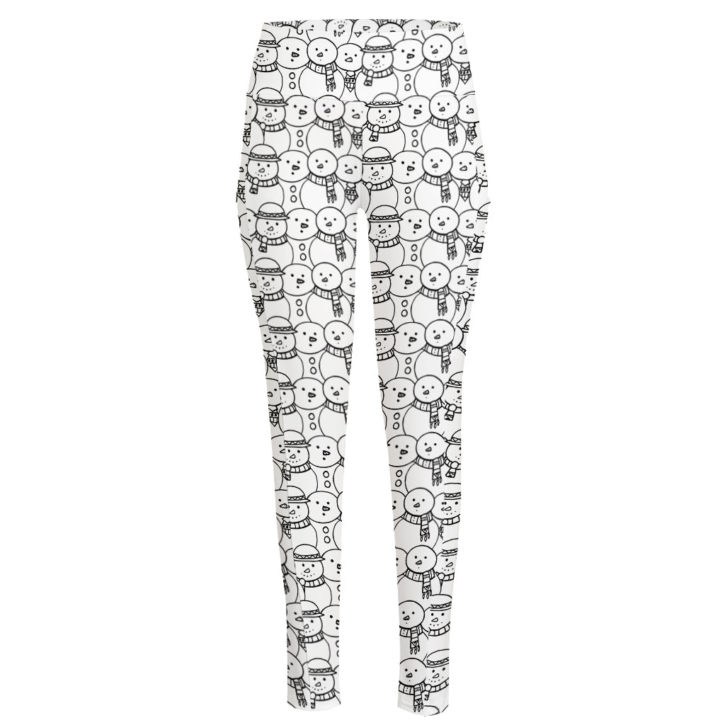 Black And White Snowman Pattern Print High-Waisted Pocket Leggings