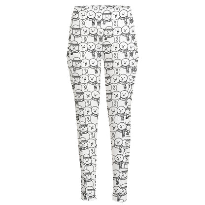 Black And White Snowman Pattern Print High-Waisted Pocket Leggings