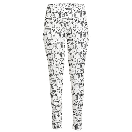 Black And White Snowman Pattern Print High-Waisted Pocket Leggings