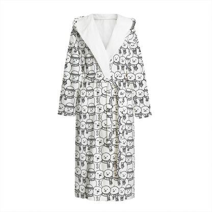 Black And White Snowman Pattern Print Hooded Bathrobe