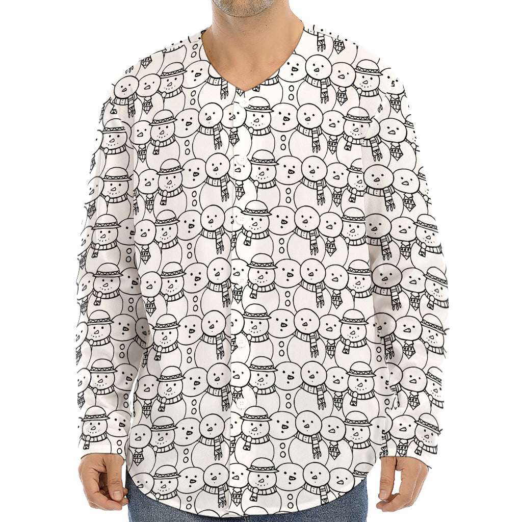 Black And White Snowman Pattern Print Long Sleeve Baseball Jersey