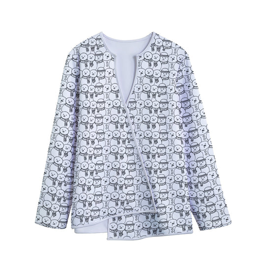 Black And White Snowman Pattern Print Long Sleeve Short Coat