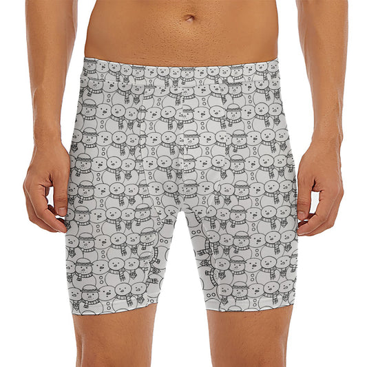 Black And White Snowman Pattern Print Men's Long Boxer Briefs
