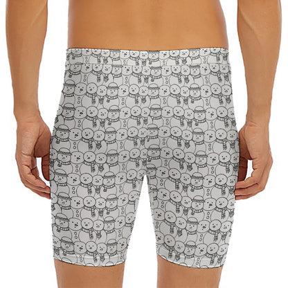 Black And White Snowman Pattern Print Men's Long Boxer Briefs