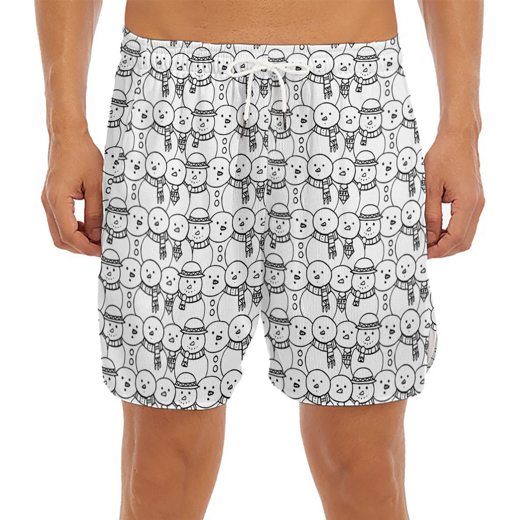 Black And White Snowman Pattern Print Men's Split Running Shorts